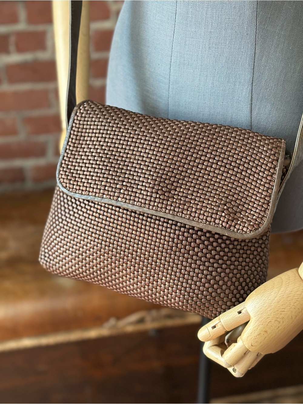 Woven Taupe Metallic Leather Crossbody Shoulder Bag Americana by Sharif